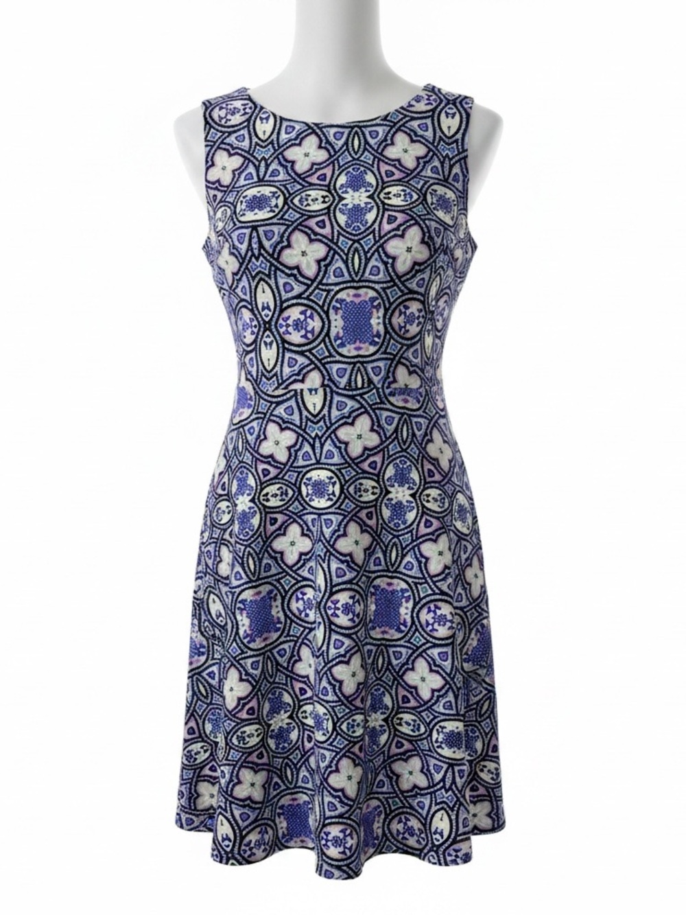 Talbots Blue, White and Purple Mosaic-Print Sleeveless Dress 8 Petite